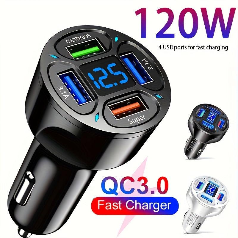 120W Car Charger Fast Charging 4 USB Ports Digital Display