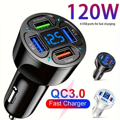 120W Car Charger Fast Charging 4 USB Ports Digital Display